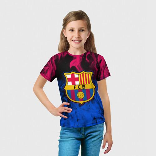 Детская футболка 3D с принтом BARCELONA NEON FIRE SPORT LOGO, вид сбоку #3
