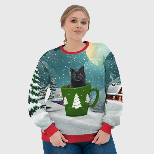 Женский свитшот 3D с принтом Черный кот в кружке, фото #4