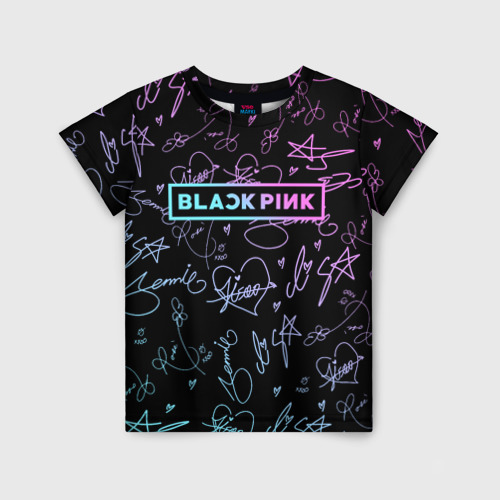 Детская футболка с принтом Neon Blackpink автографы, вид спереди №1