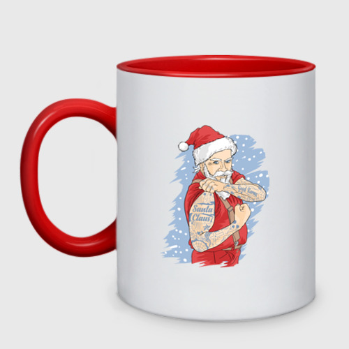 Кружка двухцветная Татуированный Санта, цвет белый + красный