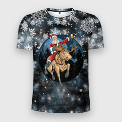 Мужская футболка 3D Slim Санта на олене 2024