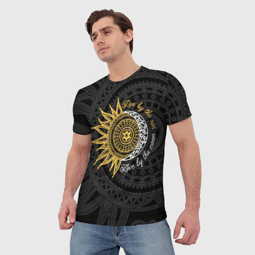 Мужская футболка 3D с принтом Live by the sun Love by the moon, фото на моделе #1
