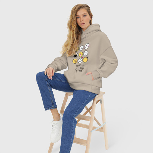 Женское худи Oversize хлопок Have a fun time - emoji, цвет миндальный - фото 7