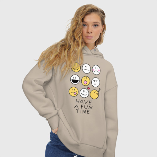 Женское худи Oversize хлопок Have a fun time - emoji, цвет миндальный - фото 4