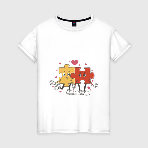 Женская футболка из хлопка с принтом Влюбленная пара - пазлы, вид спереди №1