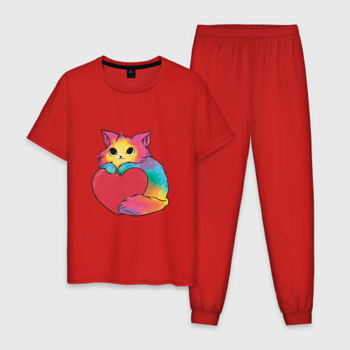Мужская пижама хлопок Влюбленный котик держит сердце, цвет красный
