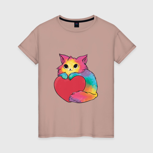 Женская футболка хлопок Влюбленный котик держит сердце, цвет пыльно-розовый