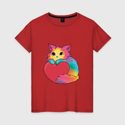 Женская футболка хлопок Влюбленный котик держит сердце