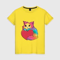 Влюбленный котик держит сердце – Женская футболка хлопок с принтом купить со скидкой в -20%