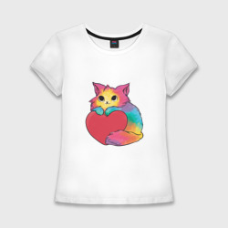 Женская футболка хлопок Slim Влюбленный котик держит сердце