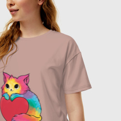 Женская футболка хлопок Oversize Влюбленный котик держит сердце - фото 2