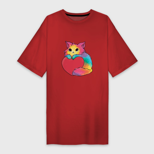Платье-футболка хлопок Влюбленный котик держит сердце, цвет красный