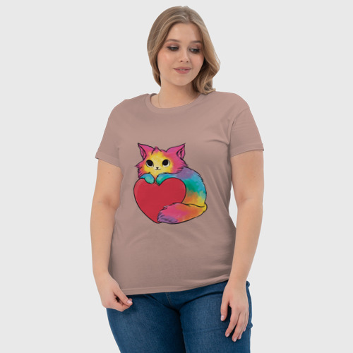 Женская футболка хлопок Влюбленный котик держит сердце, цвет пыльно-розовый - фото 6