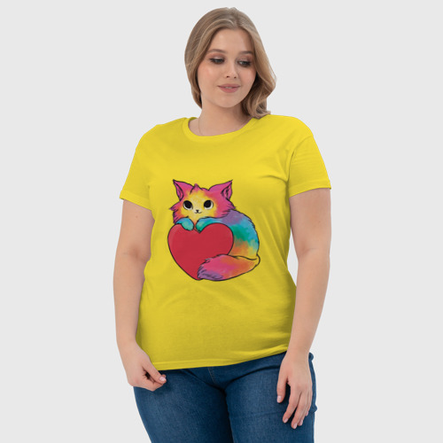 Женская футболка хлопок Влюбленный котик держит сердце, цвет желтый - фото 6