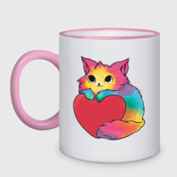 Кружка двухцветная Влюбленный котик держит сердце