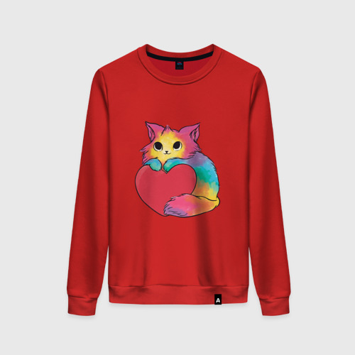 Женский свитшот хлопок Влюбленный котик держит сердце, цвет красный