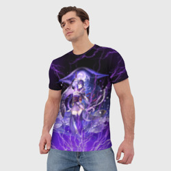 Мужская футболка 3D Сёгун Райден Геншин Импакт молнии неон - фото 2