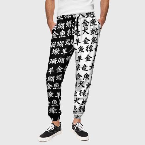 Мужские брюки 3D Чёрно белые иероглифы, цвет 3D печать - фото 4