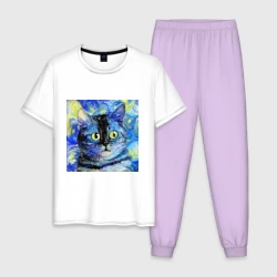 Мужская пижама с белой футболкой хлопок Кот ван Гога - синяя ночь мем