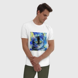 Мужская пижама с белой футболкой хлопок Кот ван Гога - синяя ночь мем - фото 2