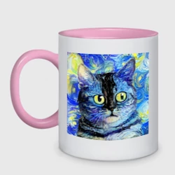 Кружка двухцветная Кот ван Гога - синяя ночь мем