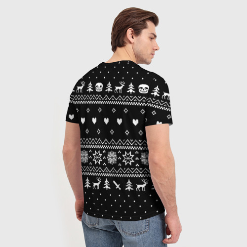 Мужская футболка 3D с принтом Новогодний свитер Undertale Sans чёрный, вид сзади #2