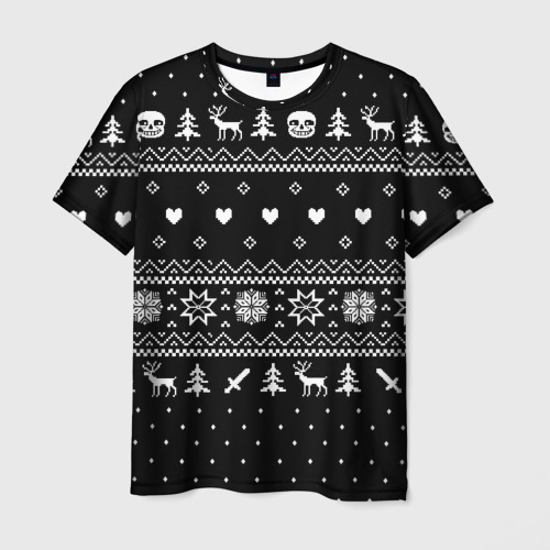 Мужская футболка 3D с принтом Новогодний свитер Undertale Sans чёрный, вид спереди #2