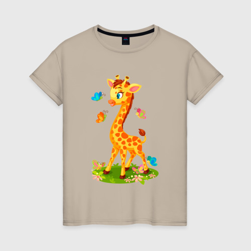Женская футболка хлопок Жираф с бабочками, цвет миндальный