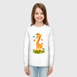 Лонгслив с принтом Жираф с бабочками для ребенка, вид на модели спереди №3. Цвет основы: белый