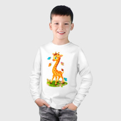 Лонгслив с принтом Жираф с бабочками для ребенка, вид на модели спереди №2. Цвет основы: белый