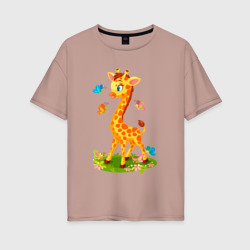 Женская футболка хлопок Oversize Жираф с бабочками