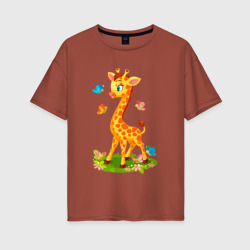 Женская футболка хлопок Oversize Жираф с бабочками