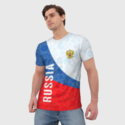 Футболка с принтом Russia sport style Россия спортивный стиль для мужчины, вид на модели спереди №2. Цвет основы: белый