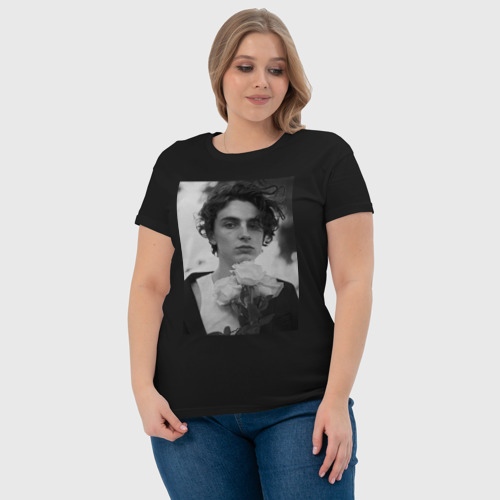 Женская футболка хлопок Timothee Chalamet с розами, цвет черный - фото 6