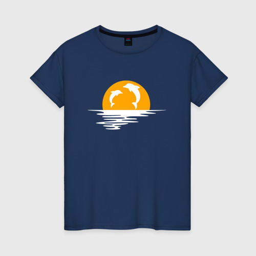 Женская футболка из хлопка с принтом Дельфины в закате, вид спереди №1