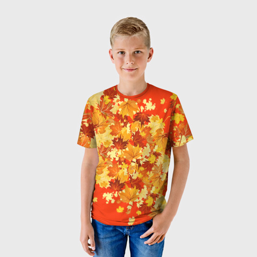 Детская футболка 3D с принтом Кленовый листопад паттерн, фото на моделе #1