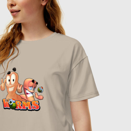 Женская футболка хлопок Oversize Червячки Worms, цвет миндальный - фото 3