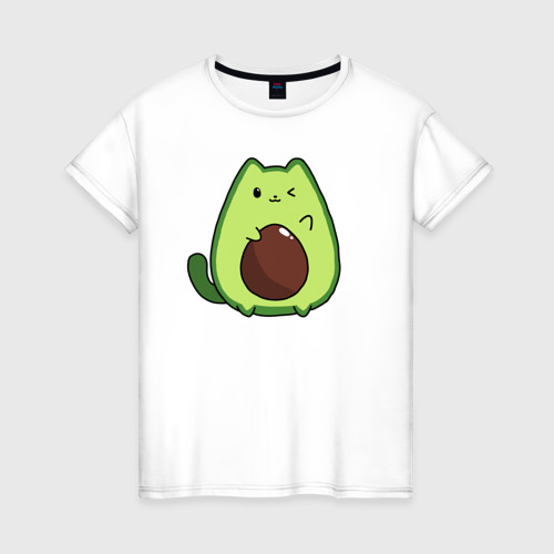 Женская футболка из хлопка с принтом Avo cat o подмигивает, вид спереди №1