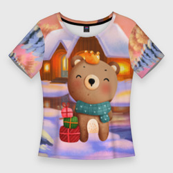Женская футболка 3D Slim Медвежонок новогоднее настроение