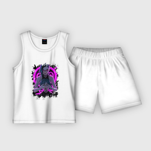 Детская пижама с шортами хлопок League of Legends Jinx neon, Arcane, цвет белый