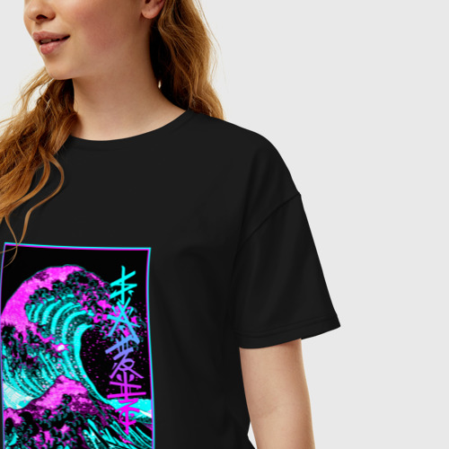 Женская футболка хлопок Oversize Неоновая волна, Япония, Фудзияма Japan neon, цвет черный - фото 3