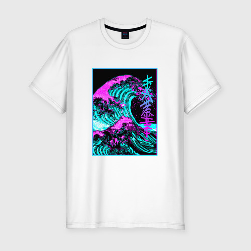 Мужская футболка хлопок Slim Неоновая волна, Япония, Фудзияма Japan neon, цвет белый