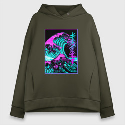 Женское худи Oversize хлопок Неоновая волна, Япония, Фудзияма Japan neon