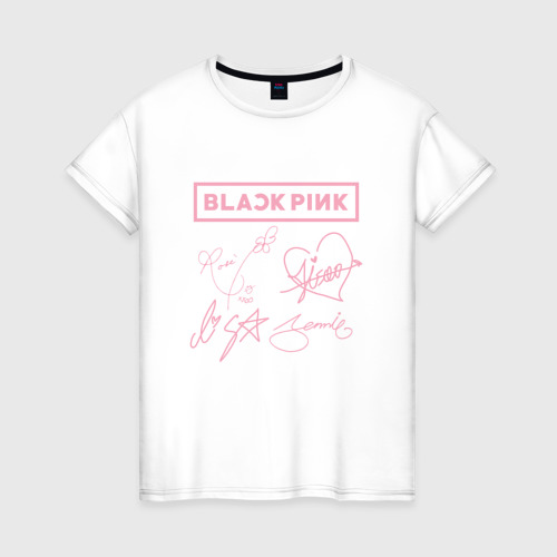 Женская футболка из хлопка с принтом Blackpink автографы Блэкпинк, вид спереди №1
