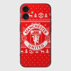 Чехол для iPhone 16 силиконовый с защитой камеры Новогодний свитер Manchester united