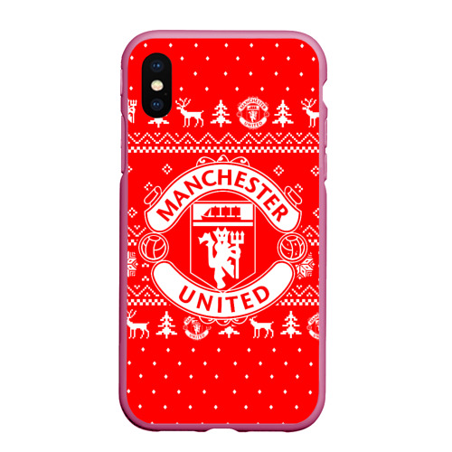 Чехол для iPhone XS Max матовый Новогодний свитер Manchester united, цвет малиновый