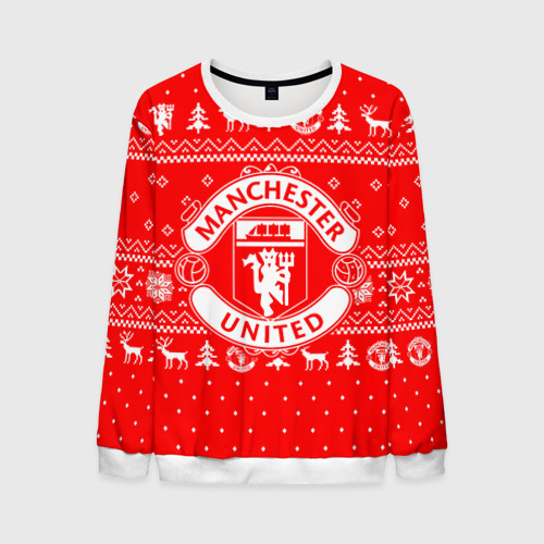 Мужской свитшот с принтом Новогодний свитер Manchester united, вид спереди №1