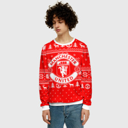 Свитшот с принтом Новогодний свитер Manchester united для женщины, вид на модели спереди №2. Цвет основы: белый