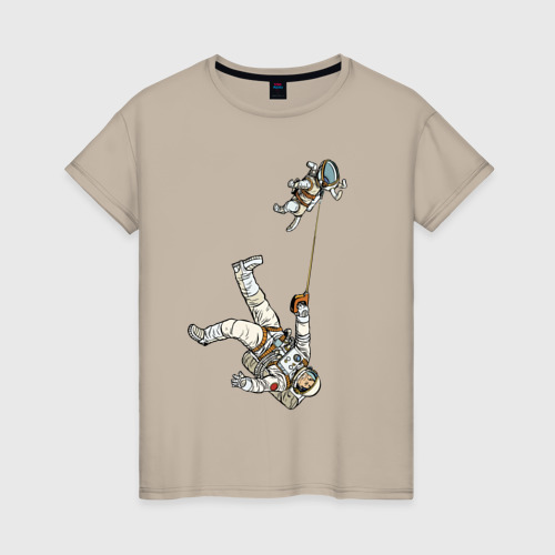 Женская футболка хлопок Космическое выгуливание пса, цвет миндальный