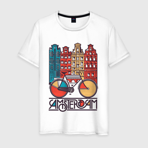 Мужская футболка из хлопка с принтом Амстердам - город велосипедистов, вид спереди №1